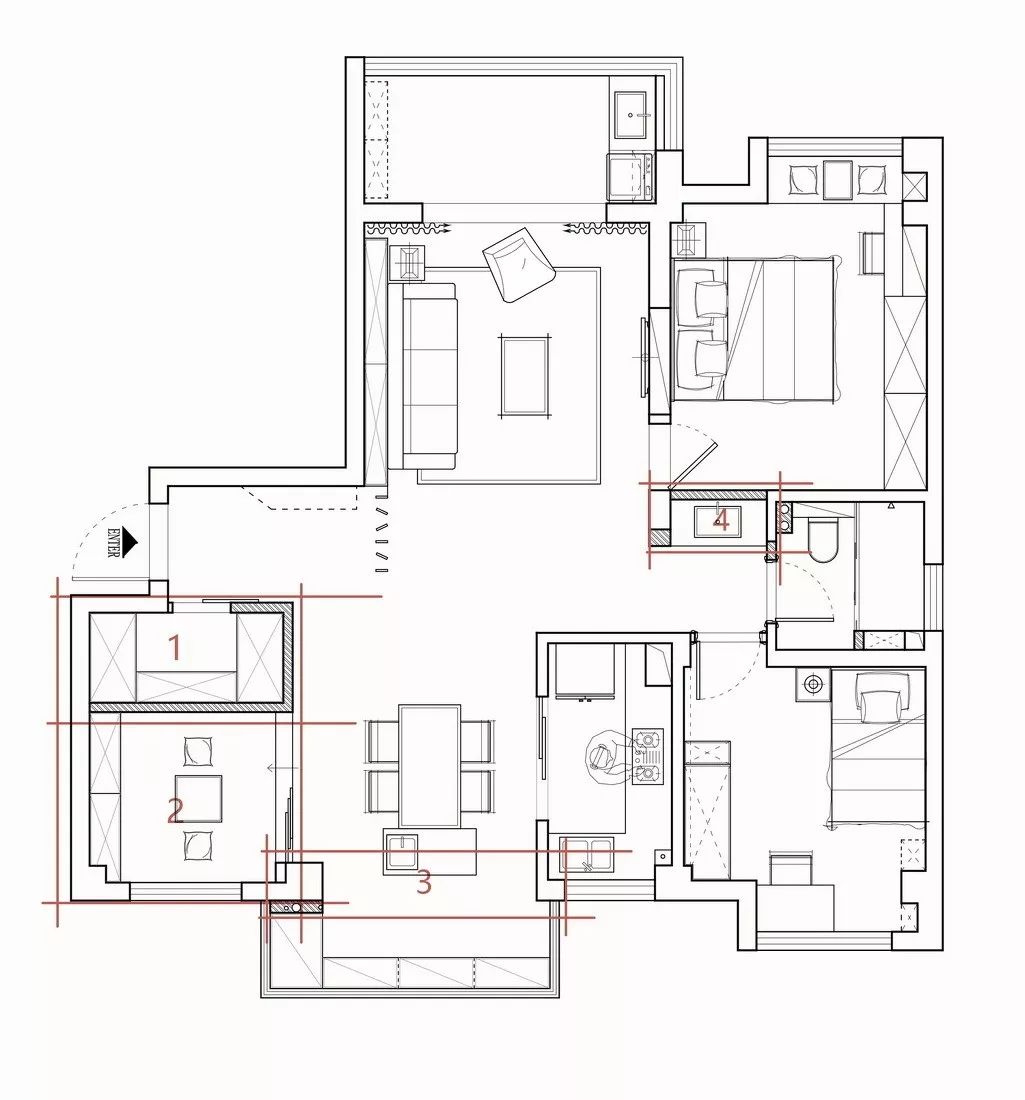 入户门正对洗漱台隔断,洗漱台正对过道