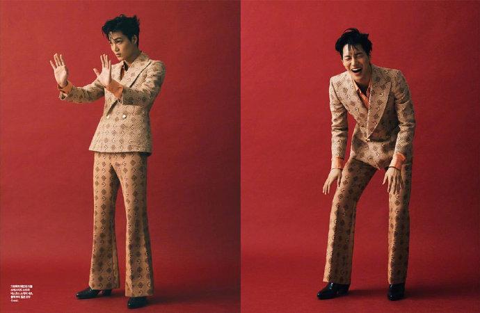 exo金钟仁的红西装图片大全,exo金钟仁品牌穿搭杂志拍摄