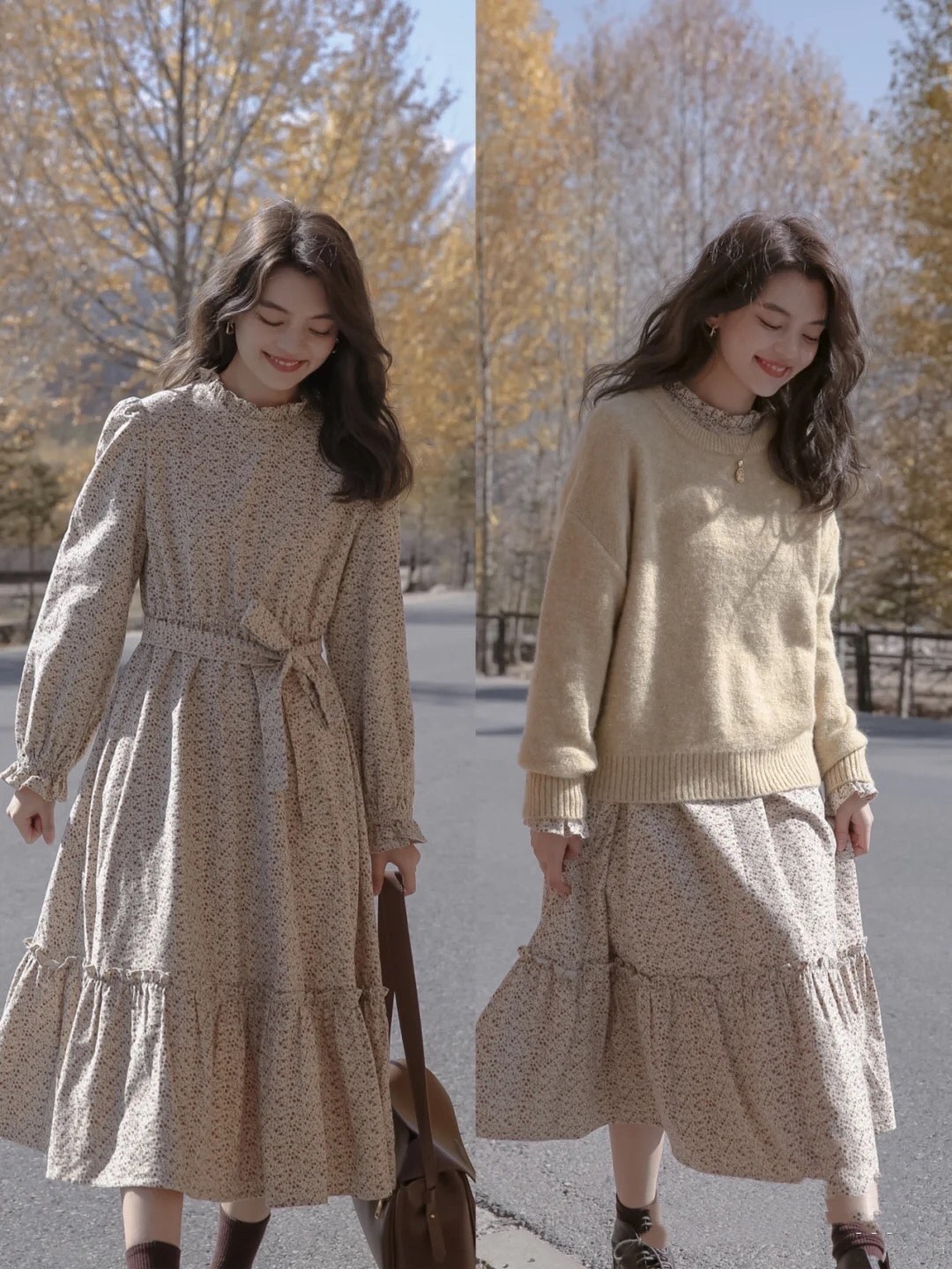 秋冬洋气时髦连衣裙拼接,米色针织连衣裙搭配黑色羽绒服