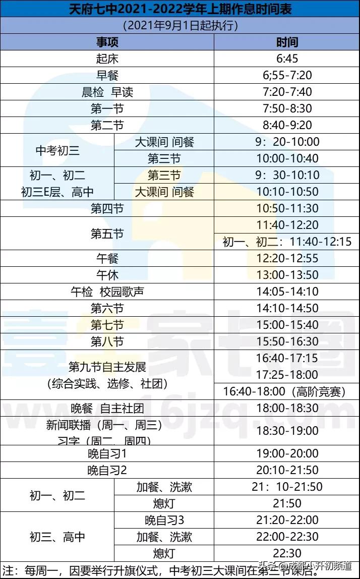 成都七中通锦校区作息时间表,成都七中实验学校作息时间表