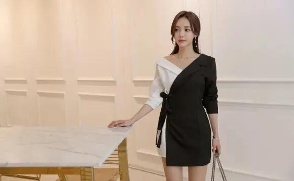 黑色拼接气质修身时尚百搭连衣裙,夏季女款蕾丝上衣黑白拼接