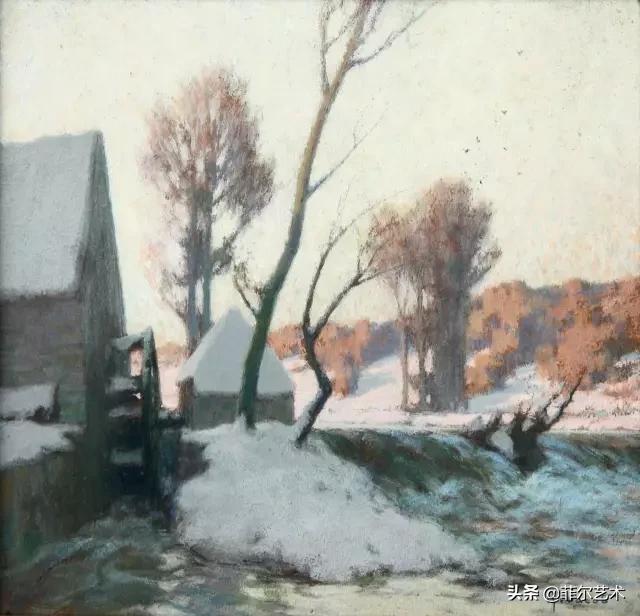 极简油画金色麦田和山,以红蓝为基调的风景油画