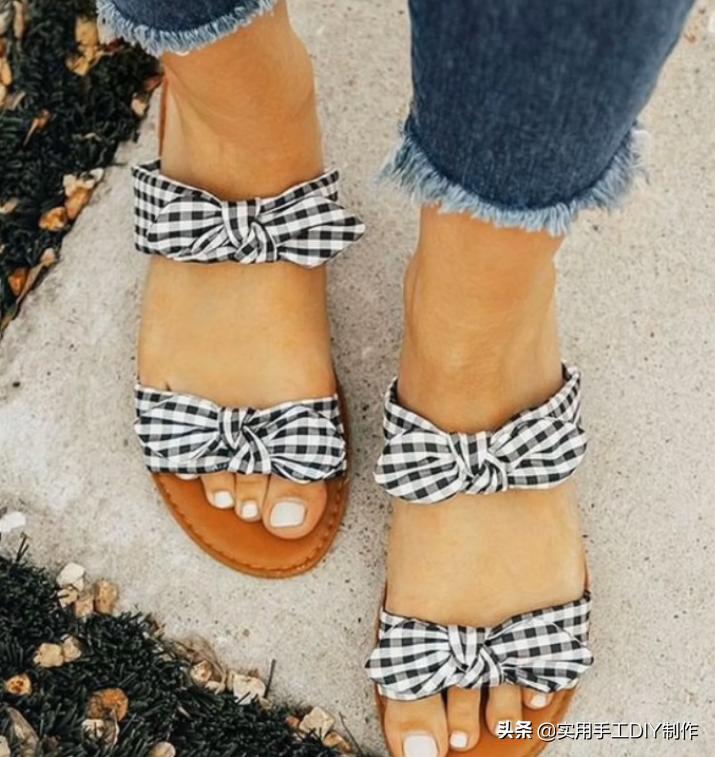 斜条纹小蝴蝶结拖鞋的织法,蝴蝶结草编拖鞋