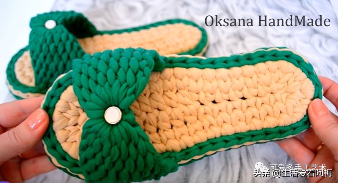 自己用毛线做布拖鞋,用布条线编拖鞋