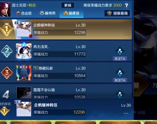 三天韩信战力超1万2，却以一分之差和国服榜无缘，耀神：难受啊