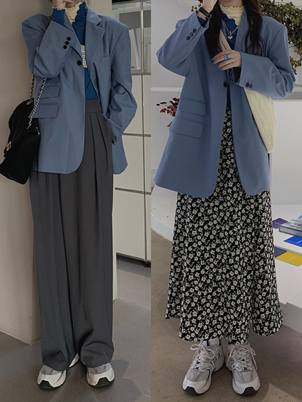 时髦又大方的韩范穿搭 (韩风穿搭格子西装配白色哈伦裤)