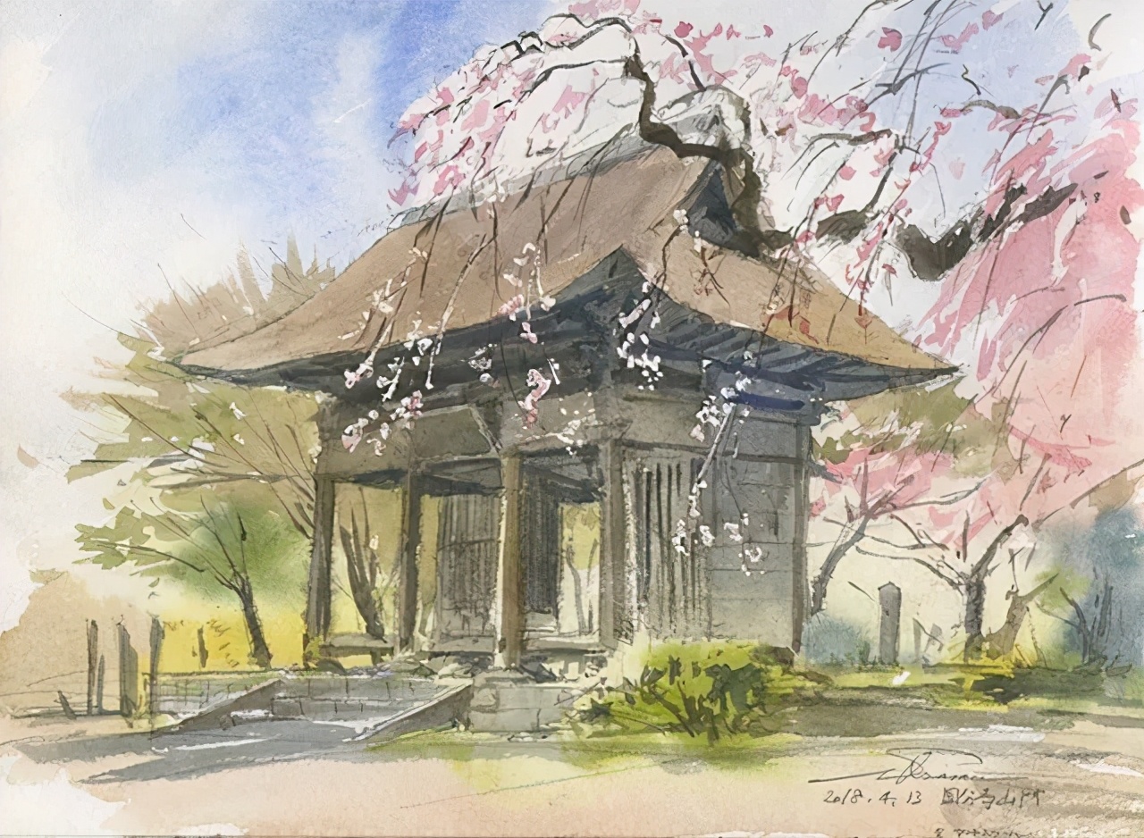 美丽的水彩樱花,水彩樱花风景画乡村田园