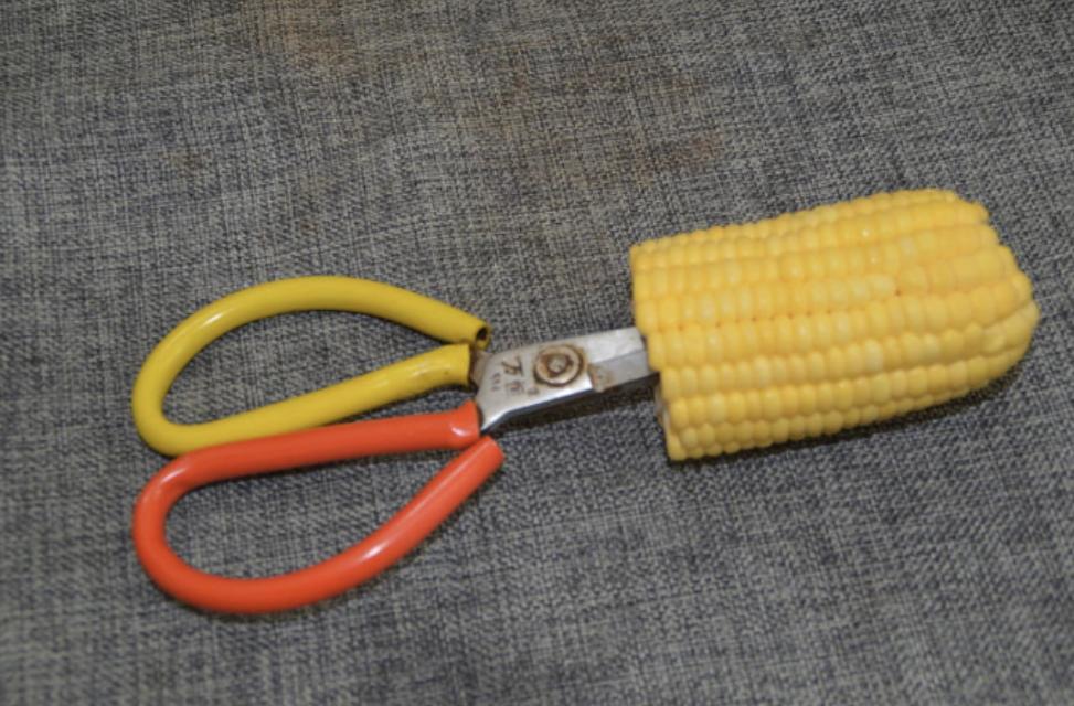 玉米上有个小机关，用剪刀一扎一转，玉米粒完整脱落，太实用了