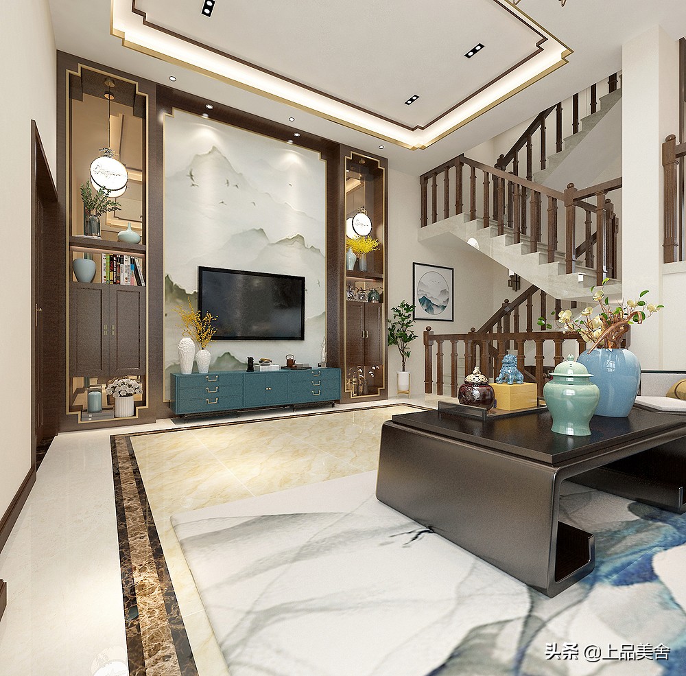 新中式复式沙发背景墙极简高级感,挑高意式极简沙发背景墙高级感