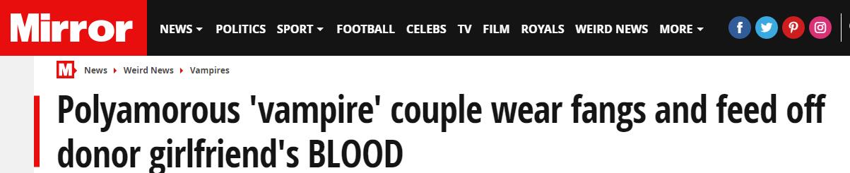 美国夫妻自称为吸血鬼国王及王后，靠每月吸食供血女友血液为生