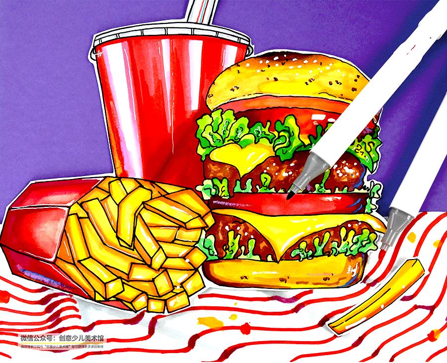 儿童画美食涂颜色教程,画汉堡怎么画简单又好看