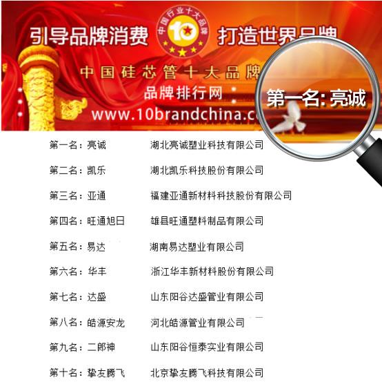 亮诚科技蝉联“中国硅芯管十大品牌”冠军