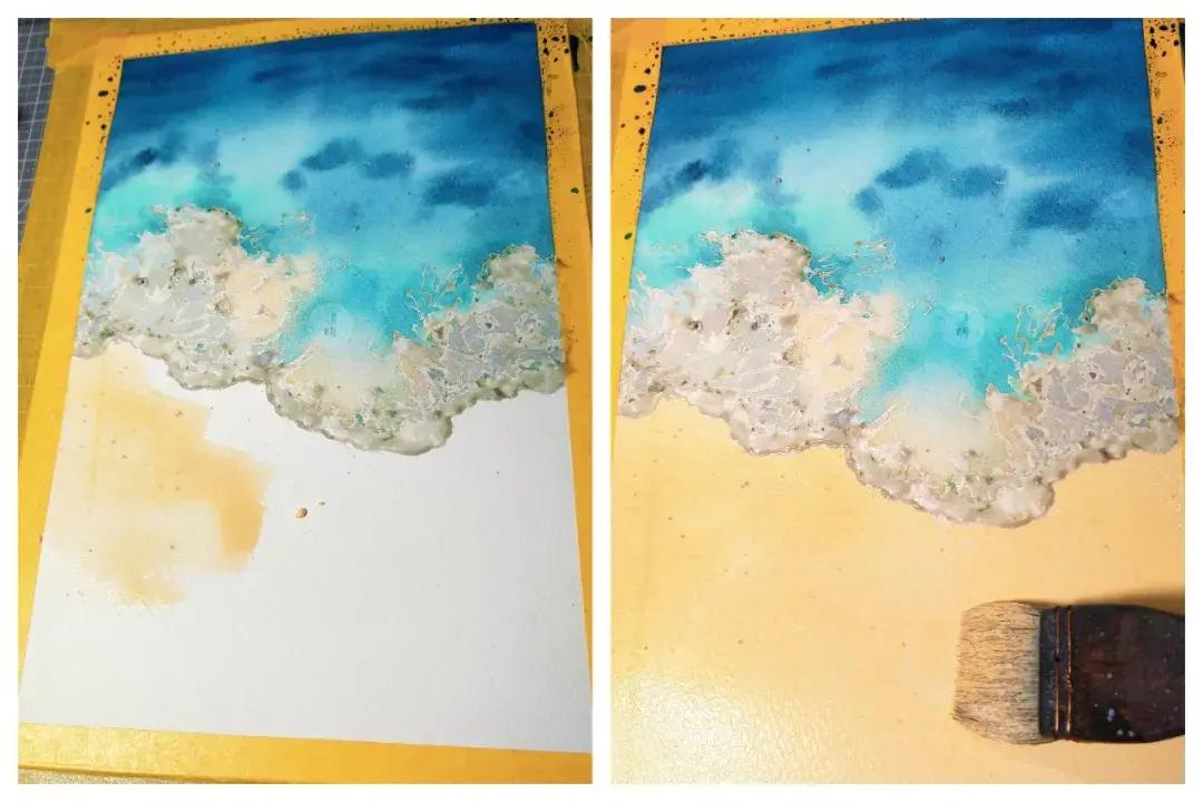 用水彩笔画海滩和海鸥,水彩风景画海滩图片