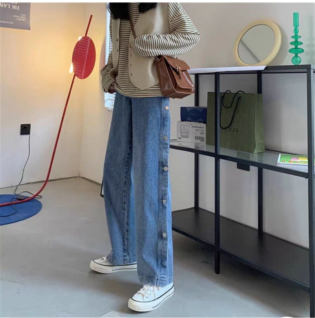 高腰阔腿裤显瘦又显高牛仔长裤,女冬高腰微喇叭长裤显瘦又显高