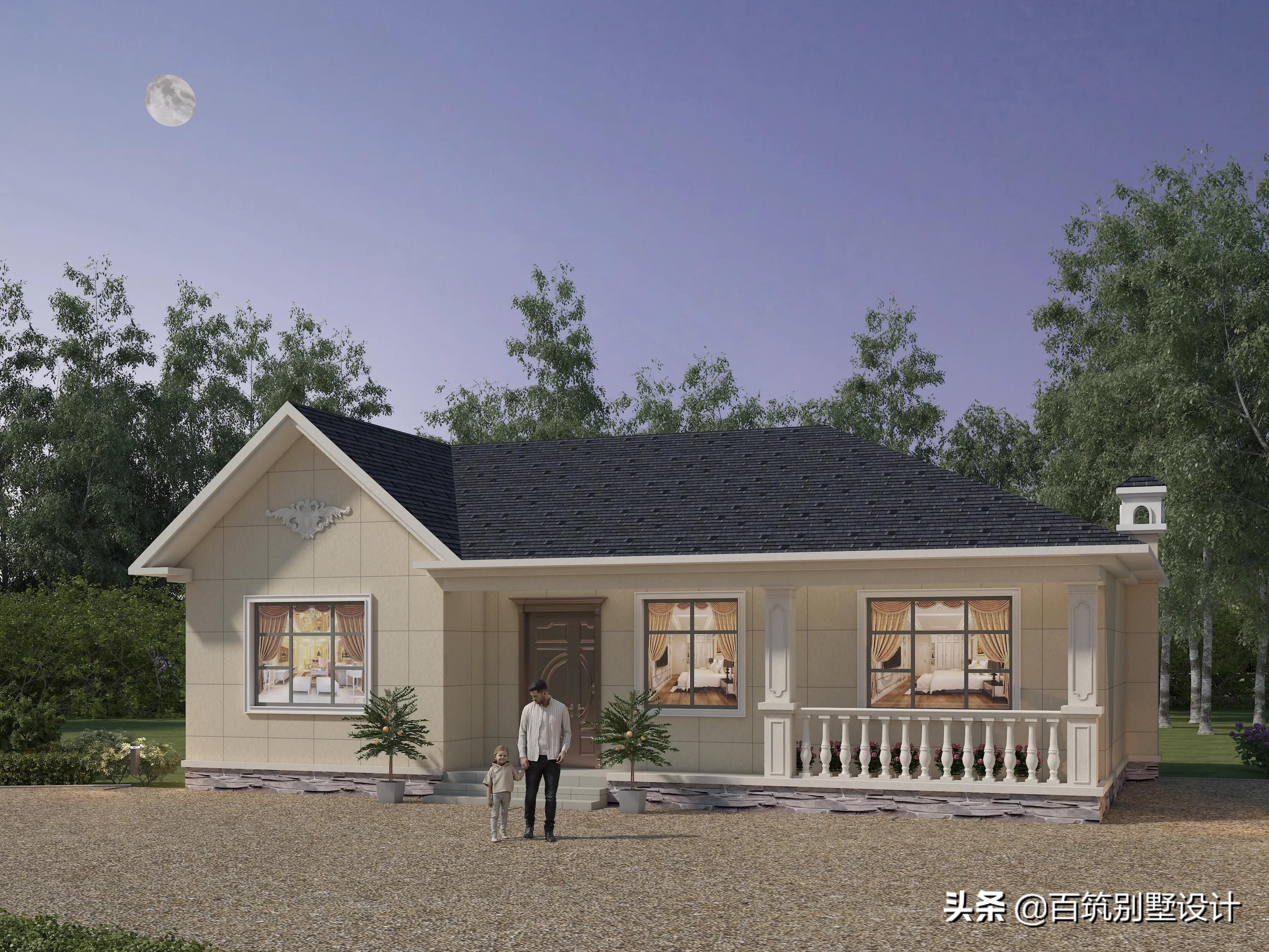 北方农村自建房一层平房带阳光房,北方一层中式小院图纸