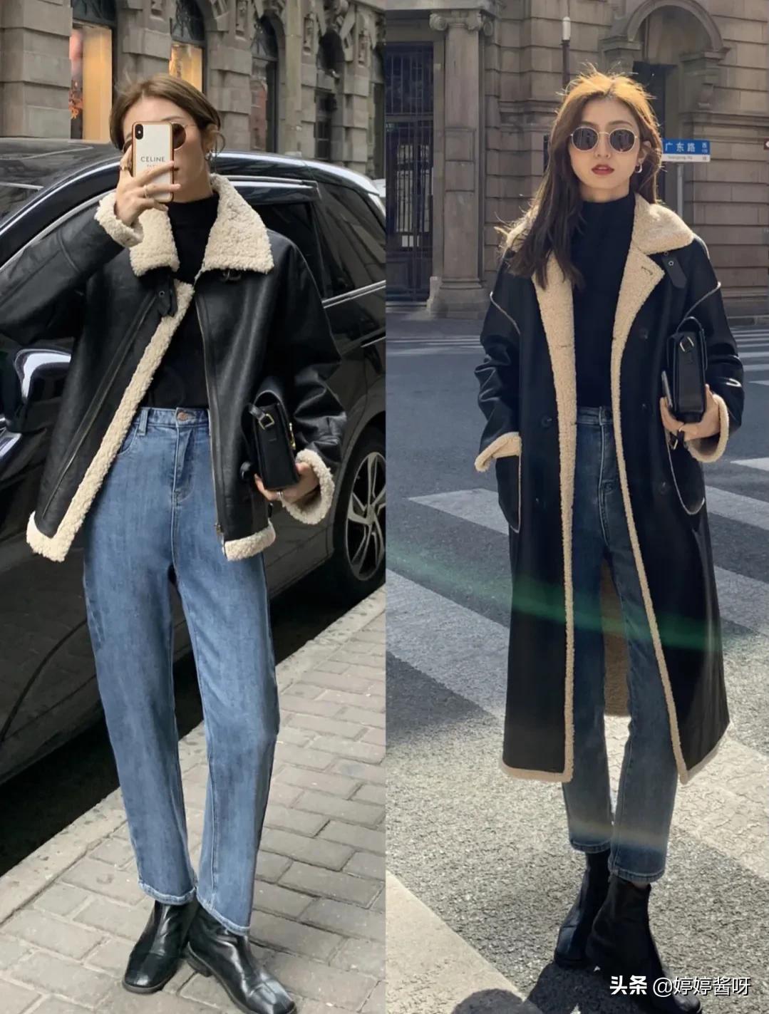 黑色皮衣内搭蓝色牛仔裤,黑色微喇开叉牛仔裤搭配什么外套