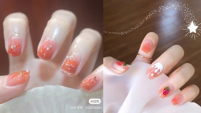 2023橘色果冻色美甲图片,冰透红显白美甲款式图片