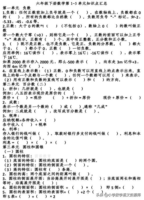 人教版小学六下复习数学知识点,六下数学人教版重点难点题讲解