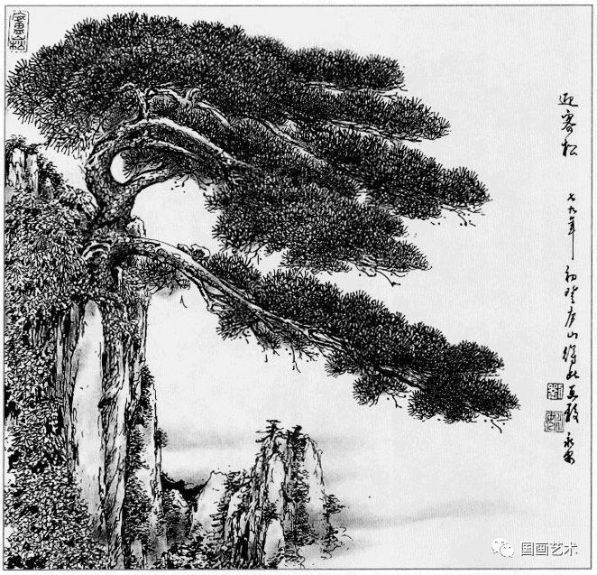 日式线描松树波浪纹,深度线描儿童画松树