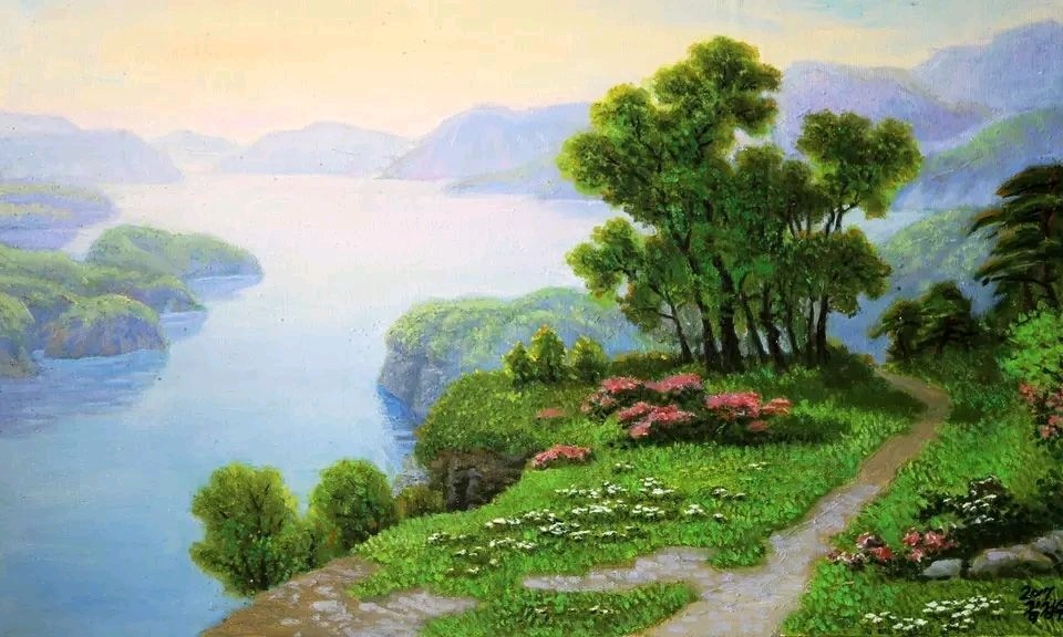 最新朝鲜风景油画图文,朝鲜大型山水风景油画图片集