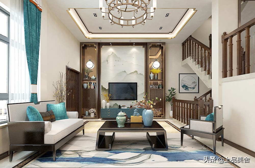 新中式复式沙发背景墙极简高级感,挑高意式极简沙发背景墙高级感