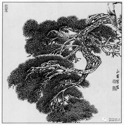 日式线描松树波浪纹,深度线描儿童画松树
