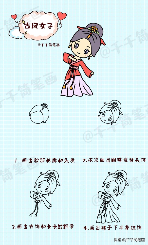 仙气古风汉服素材手抄报,q版汉服小姑娘手绘