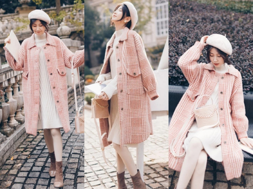 咖啡色裙子配格子大衣,今年流行的格子大衣套装