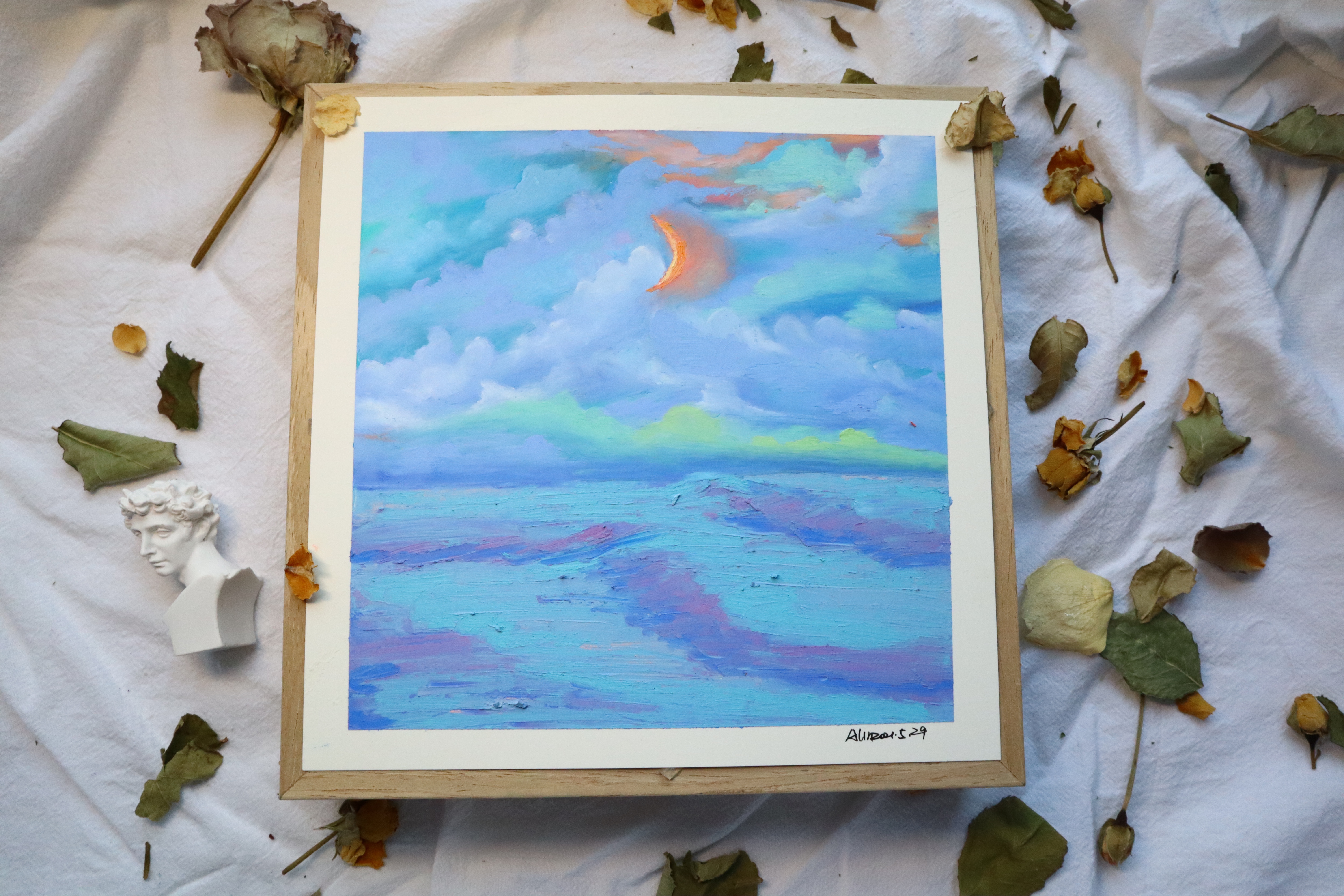 油画作品大海教程,落日大海油画棒作品简单