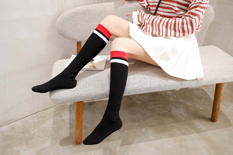 无骨过膝袜女秋冬季日系长筒袜,小腿袜女ins潮黑色蝴蝶结装饰