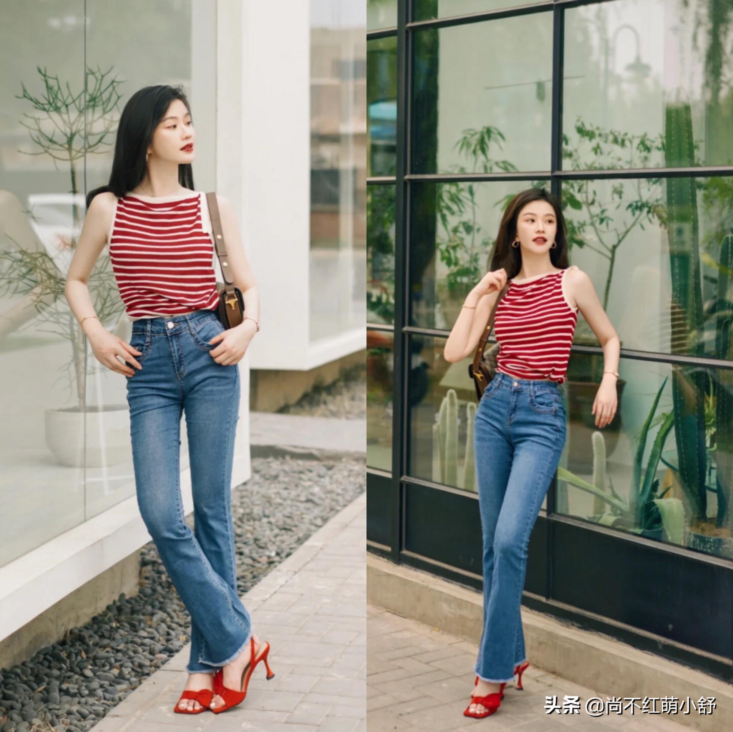 今年夏天流行什么颜色牛仔裤,蓝色微喇牛仔裤搭配鞋子