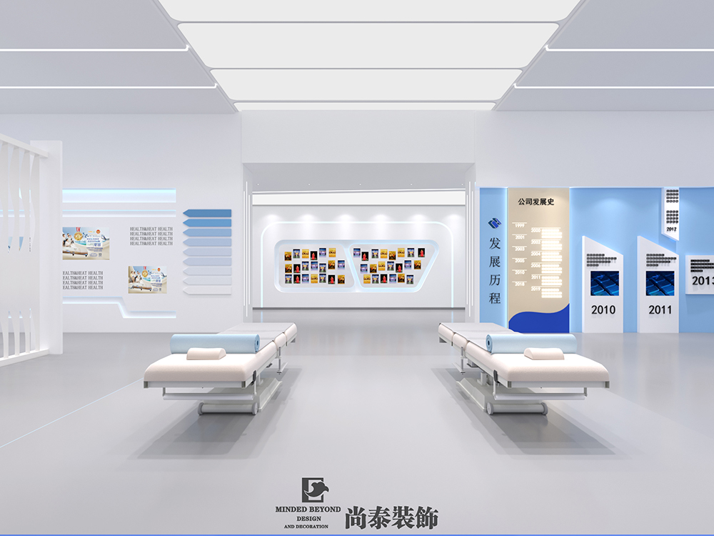 650㎡医疗展厅设计，不是所有的“蓝+白”都能玩得这么大气的