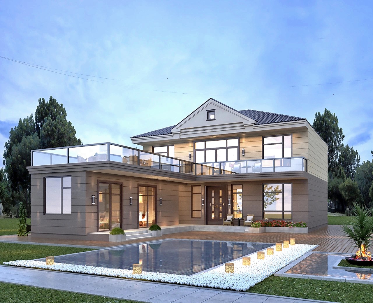 开间18米两层带露台别墅设计,13平米餐厨一体