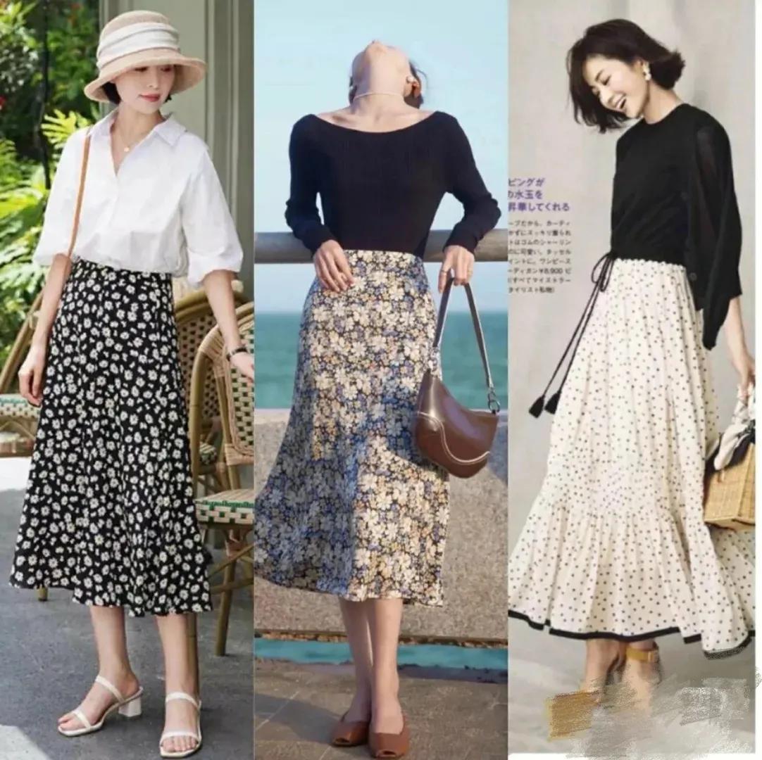 半身碎花裙搭配什么上衣春天,黑白碎花半裙春天搭配