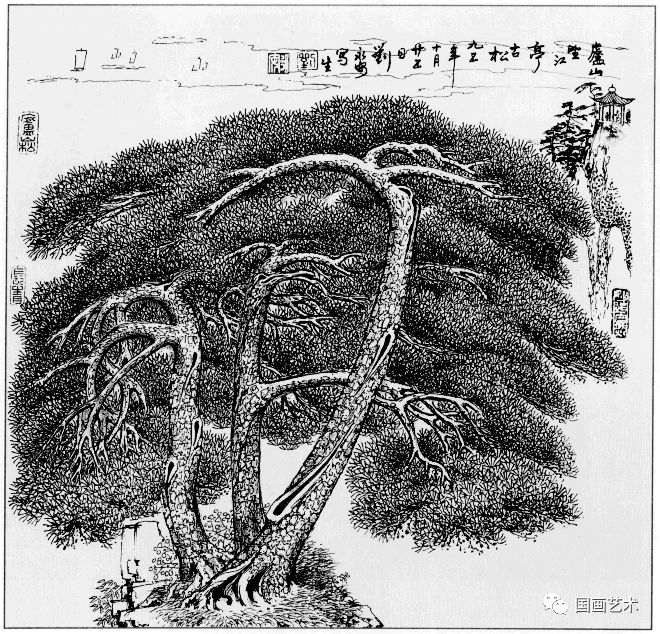 日式线描松树波浪纹,深度线描儿童画松树