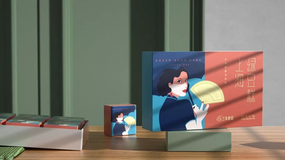 樱花绿豆糕包装盒,包装上印有福字的绿豆糕