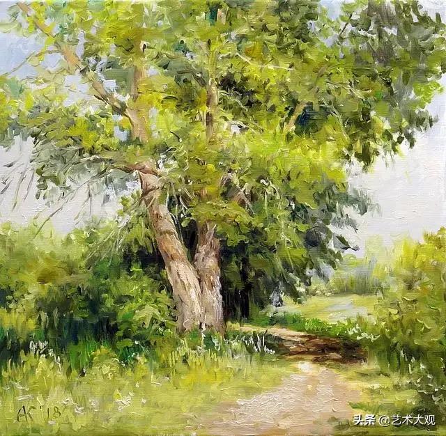 美丽又简单的远山倒影油画,风景优美的小河油画