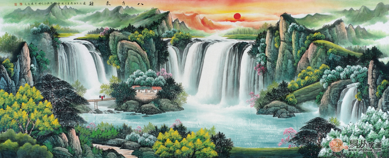 刘燕姣山水画作品紫气东来,风水国画山水画素材