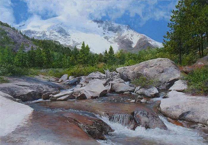 俄罗斯艺术家AydemirSaidov的人体绘画，花间的美丽少女