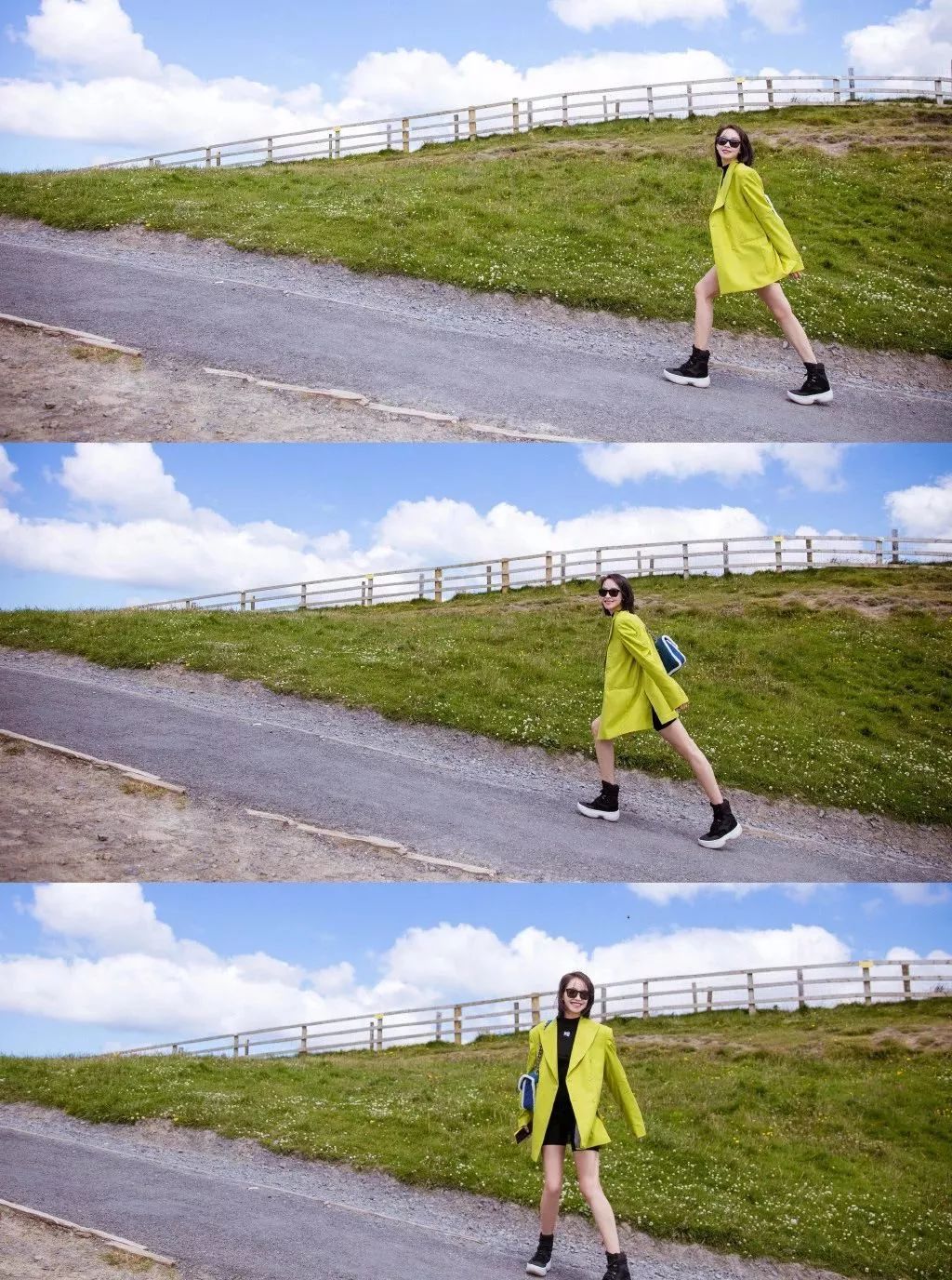 宋茜你为什么还单身?爱尔兰旅行一身芥末绿西装还露腿明媚美好