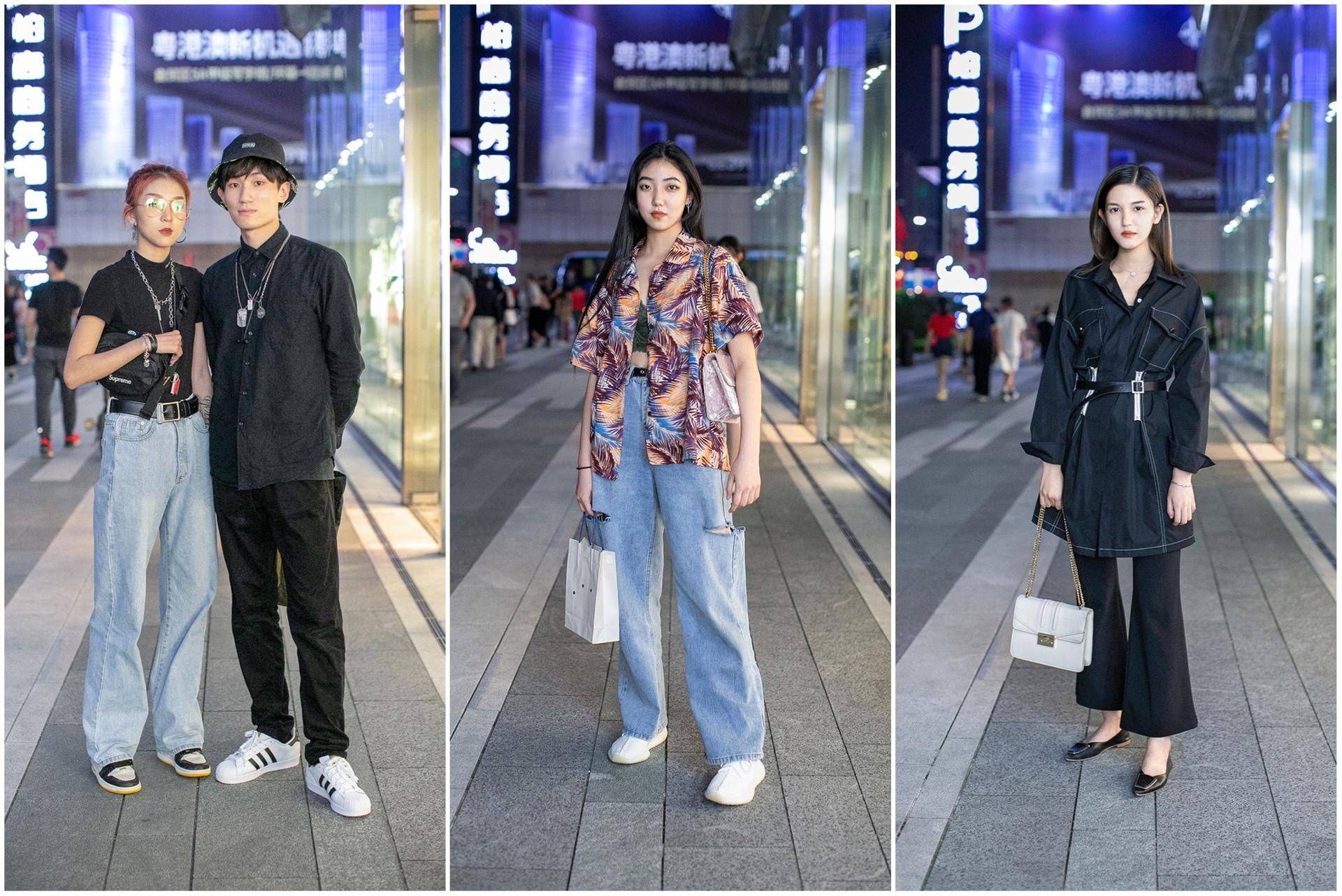 街拍夜晚潮人穿搭，时尚牛仔裤百搭不厌，黑色系搭配更具神秘优雅