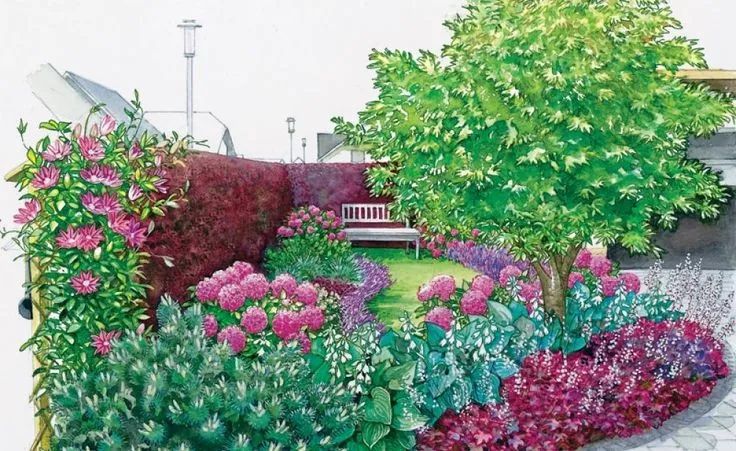 手绘清新小花园,日式庭院迷你小花园手绘