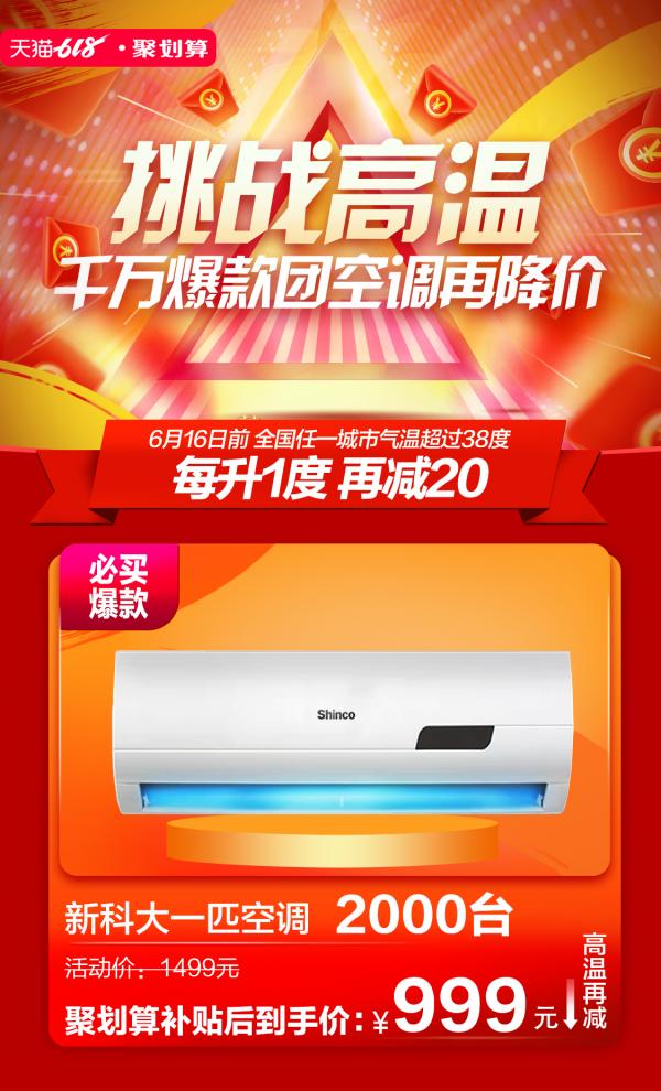 天猫618“999元空调”再降价:挑战38度高温,每超1度再降20