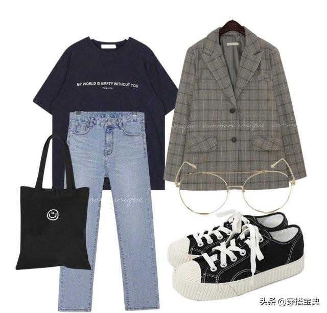 格子西装搭配灰色牛仔裤,男士灰色格子休闲西装搭配牛仔裤