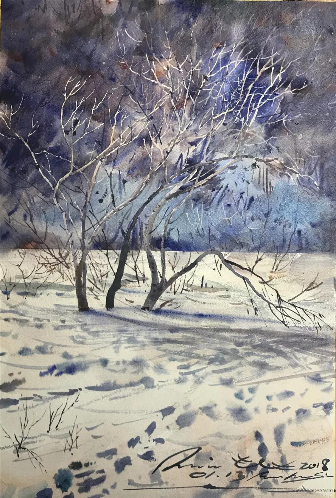 100幅风景写生水粉画教程,如何画雪景图水彩画教程