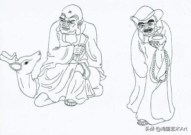 十八罗汉拜观音白描图,十八罗汉李云中白描人物图谱