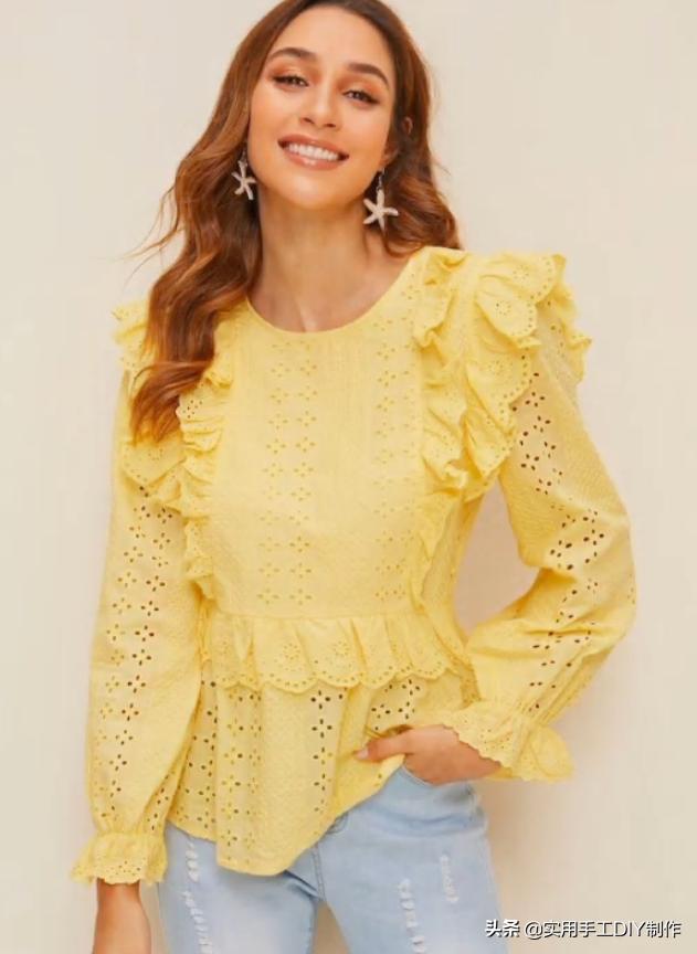 2020蕾丝领时尚气质纯色衬衣,时尚设计荷叶花边纽扣套头衬衫