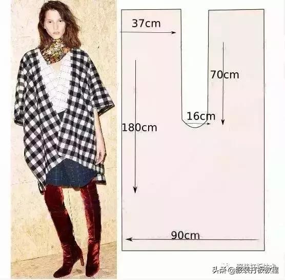 披肩连衣裙裁剪图纸教程,插肩袖浴袍风大衣裁剪