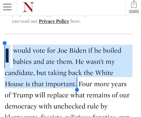 美国作家称就算拜登吃婴儿她也要投票给他，因为罢免特朗普更重要