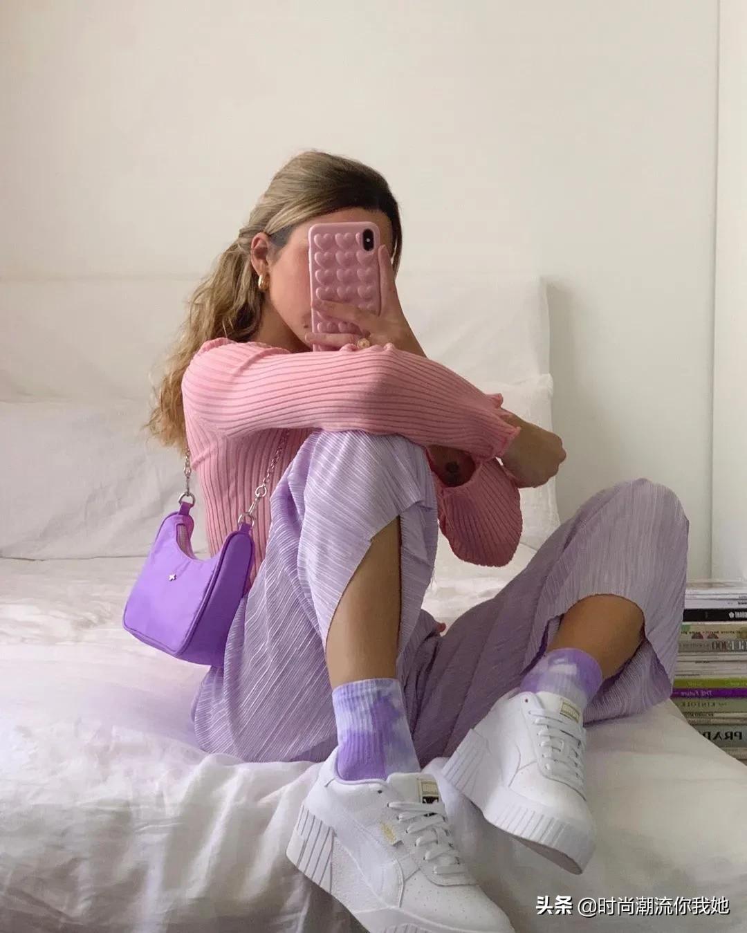 夏天穿马卡龙色系的长裤,马卡龙紫色裤子搭配